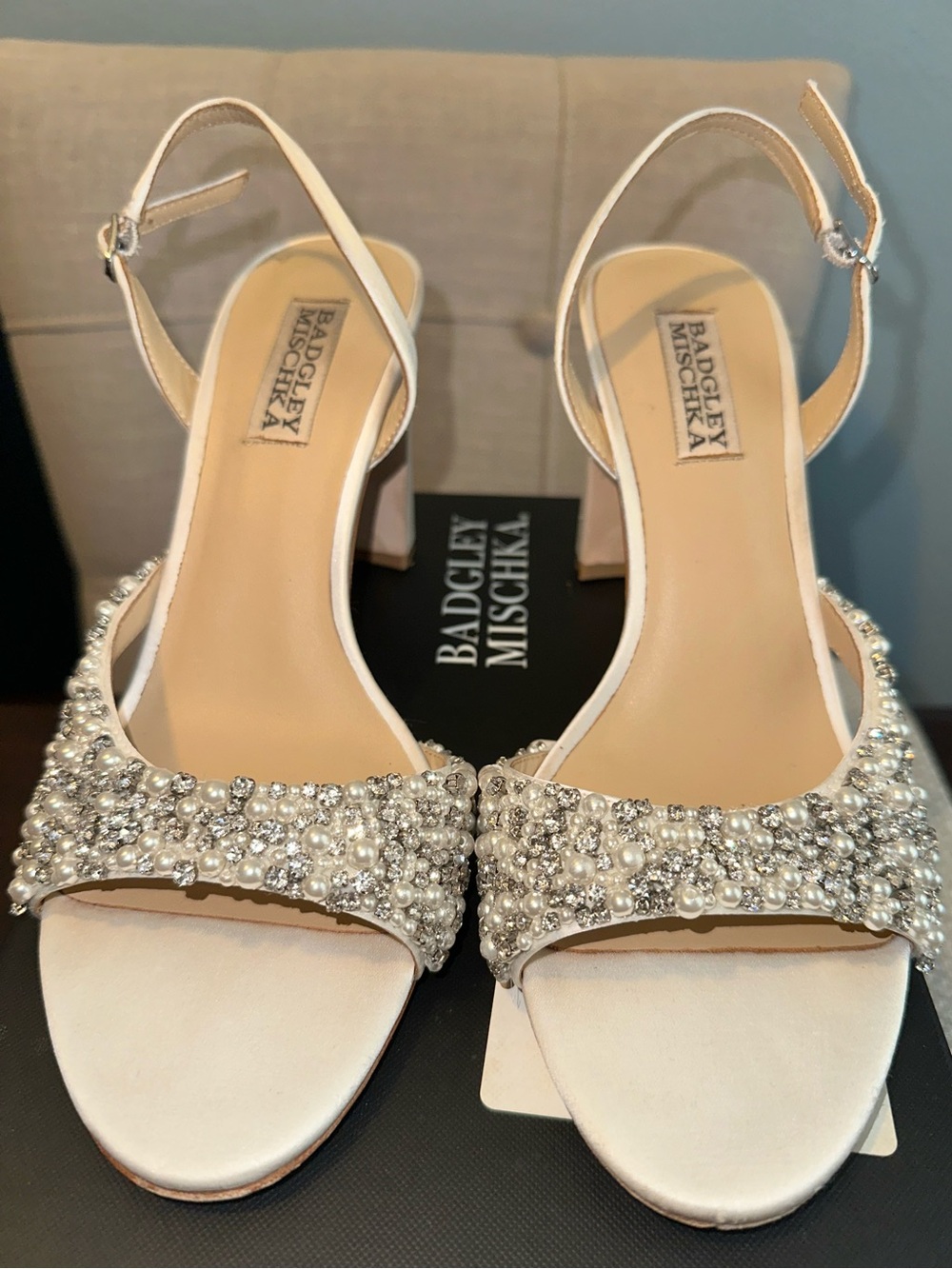 Badgley Mischka Ivory Pearl & Crystal Embellished Block Heel Sandals